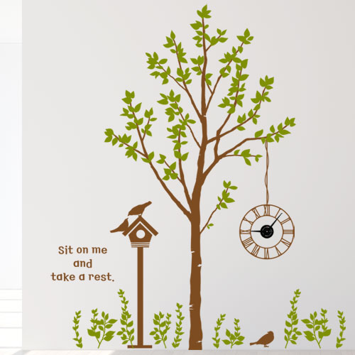 ib174-휴식을주는행복한나무와새_그래픽시계(중형)/나무/자연/내츄럴/나뭇잎/시계/새/동물/레터링/그래픽시계/인테리어/행복/데코/스티커/꽃/벽시계/