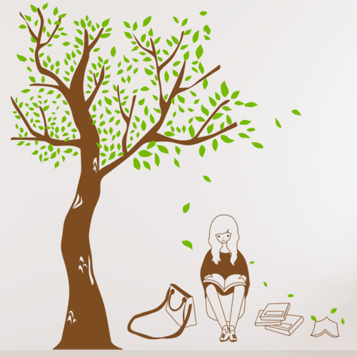 ih082-여유로운오후 책보는여자/그래픽스티커/인테리어/꾸미기/카페/커피/책/가방/나무/나뭇잎/여자/샵/숍