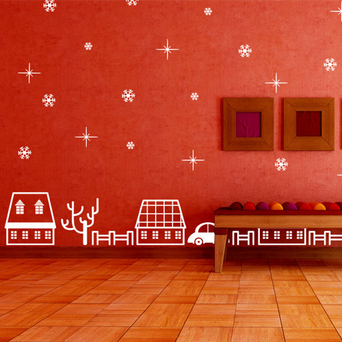 ij023-크리스마스날 눈 내리는 마을/그래픽스티커/크리스마스/마을/자동차/주택/눈/겨울/집