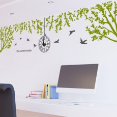 ik383-편안한휴식같은푸른나무숲_그래픽벽시계(중형)/나무,레터링,새,동물,나뭇잎,자연,포인트,인테리어,데코,꾸미기,무브먼트,그래픽스티커,벽시계