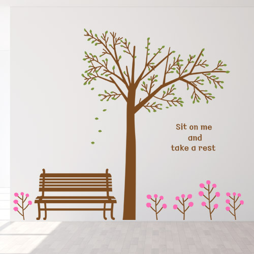 ic098-앉아서쉬었다가는나무_그래픽스티커/자연/나무/벤치/나뭇잎/레터링/꾸미기/데코/인테리어