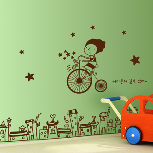 ik140-마법의 자전거/그래픽스티커/월데코/건물/자전거/남자/별/하늘/가로등/아이방꾸미기/어린이집꾸미기