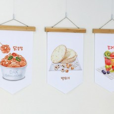 pd612-우드페넌트_40CmX62Cm_시장음식/꽈배기/닭/강정/떡/꼬치/번데기/뻥튀기/컵/과일/패브릭족자/